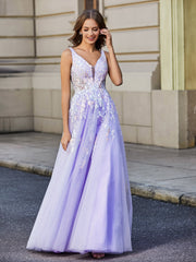 Plunging V-Neck Lace Appliqued Tulle Gown Lilac Plus Size