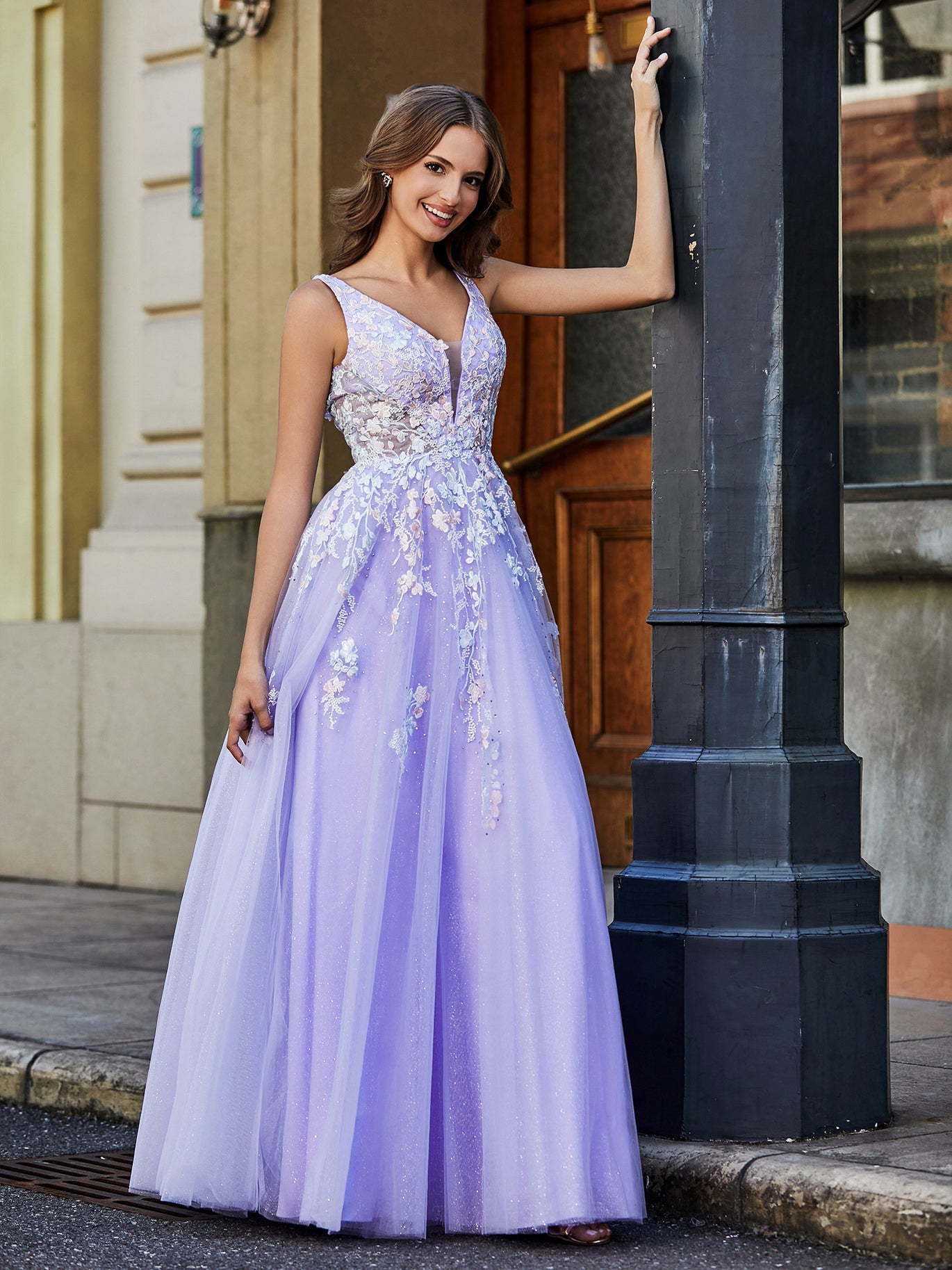 BABARONI Tulle Lilac Prom Dresses A-line Plunging V-Neck Floor-length  Sleeveless – BABARONI UK
