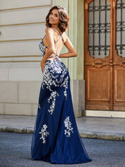 Backless Mermaid Tulle Lace Appliqued Gown Dark Navy Plus Size