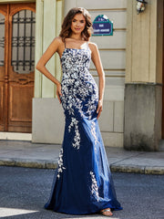 Backless Mermaid Tulle Lace Appliqued Gown Dark Navy Plus Size