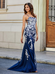 Backless Mermaid Tulle Lace Appliqued Gown Dark Navy Plus Size