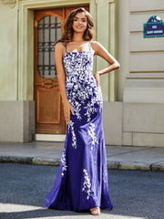 Backless Mermaid Tulle Lace Appliqued Gown Royal Blue Plus Size