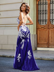 Backless Mermaid Tulle Lace Appliqued Gown Royal Blue