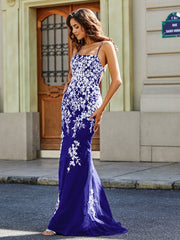 Backless Mermaid Tulle Lace Appliqued Gown Royal Blue Plus Size