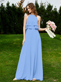 Two Layers Chiffon Top Long Bridesmaid Dress Blue