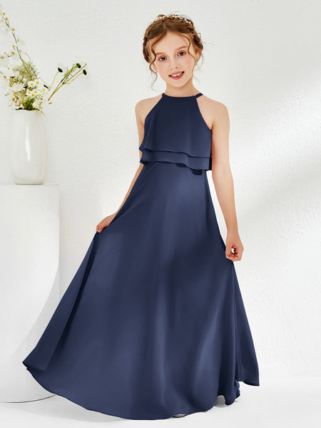 navy junior bridesmaid dresses uk A-Line Halter Back Zip Long Chiffon Junior Bridesmaid Dresses main image 0