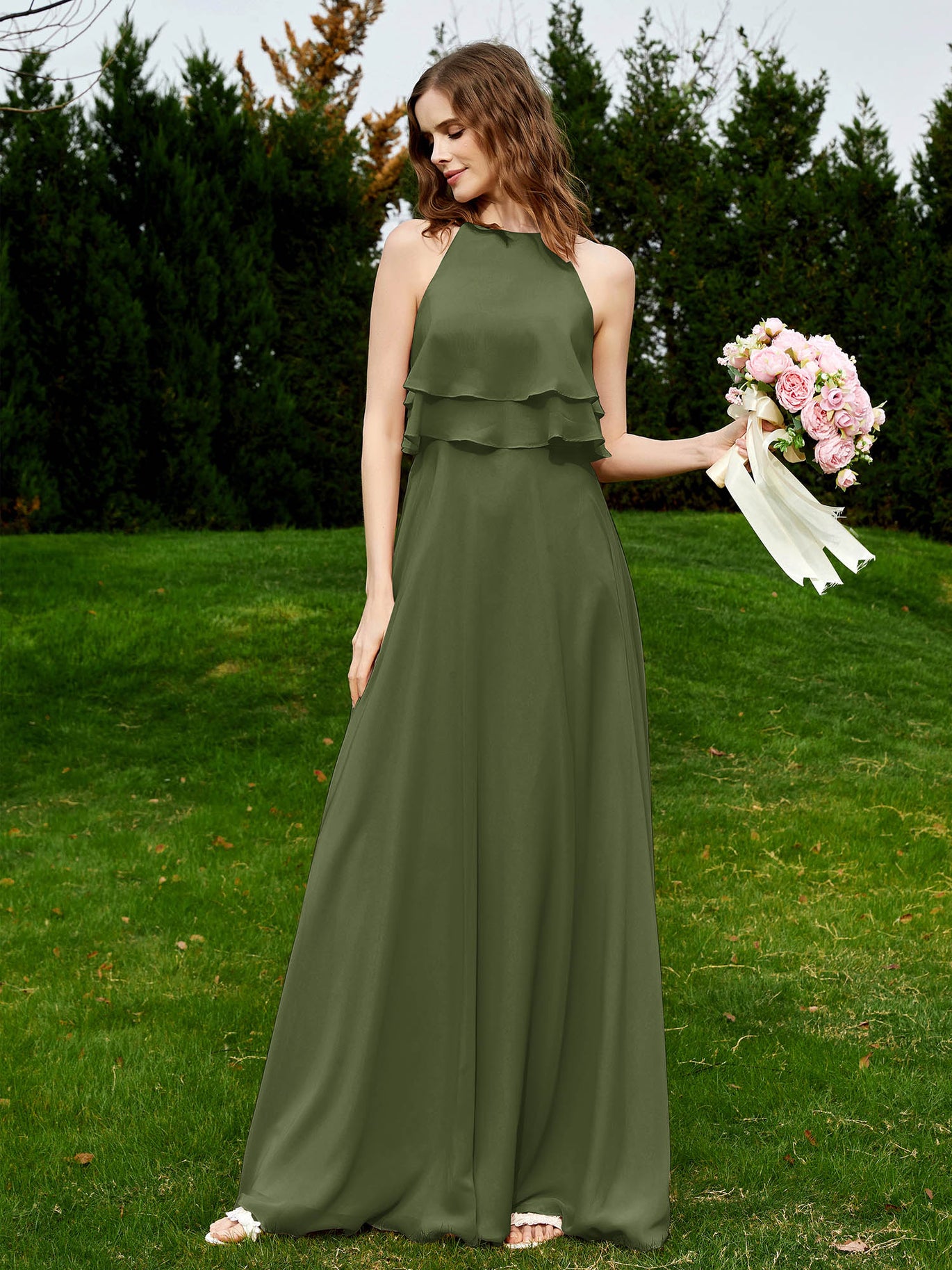 olive green bridesmaid dress uk Olive Green Sleeveless V-Neck Floor Length Bridesmaid Dresses main image 1