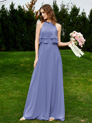 Two Layers Chiffon Top Long Bridesmaid Dress Periwinkle