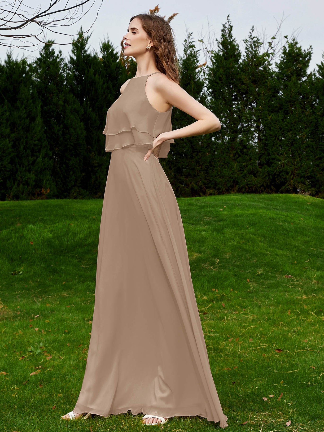 BABARONI Chiffon Taupe Bridesmaid Dresses A-line Halter Sleeveless  Floor-length – BABARONI UK