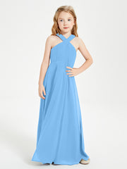 Grecian Neckline Long Dresses for Junior Bridesmaids Blue