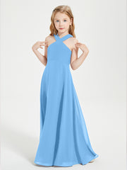 Grecian Neckline Long Dresses for Junior Bridesmaids Blue