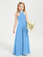 Grecian Neckline Long Dresses for Junior Bridesmaids Blue