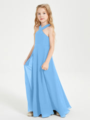 Grecian Neckline Long Dresses for Junior Bridesmaids Blue