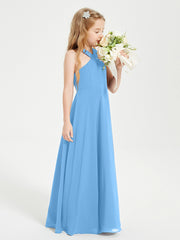 Grecian Neckline Long Dresses for Junior Bridesmaids Blue
