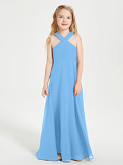 Grecian Neckline Long Dresses for Junior Bridesmaids Blue