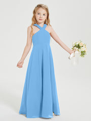 Grecian Neckline Long Dresses for Junior Bridesmaids Blue