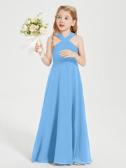 Grecian Neckline Long Dresses for Junior Bridesmaids Blue