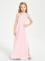 Grecian Neckline Long Dresses for Junior Bridesmaids Blushing Pink
