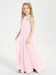 Grecian Neckline Long Dresses for Junior Bridesmaids Blushing Pink