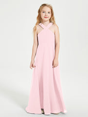 Grecian Neckline Long Dresses for Junior Bridesmaids Blushing Pink