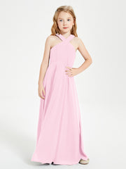 Grecian Neckline Long Dresses for Junior Bridesmaids Candy Pink