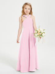Grecian Neckline Long Dresses for Junior Bridesmaids Candy Pink