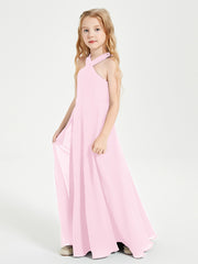Grecian Neckline Long Dresses for Junior Bridesmaids Candy Pink