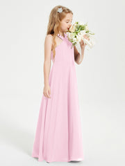 Grecian Neckline Long Dresses for Junior Bridesmaids Candy Pink