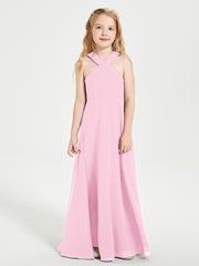 Grecian Neckline Long Dresses for Junior Bridesmaids Candy Pink