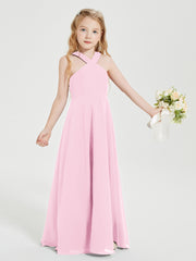 Grecian Neckline Long Dresses for Junior Bridesmaids Candy Pink
