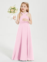Grecian Neckline Long Dresses for Junior Bridesmaids Candy Pink