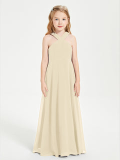 Grecian Neckline Long Dresses for Junior Bridesmaids Champagne