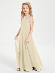 Grecian Neckline Long Dresses for Junior Bridesmaids Champagne
