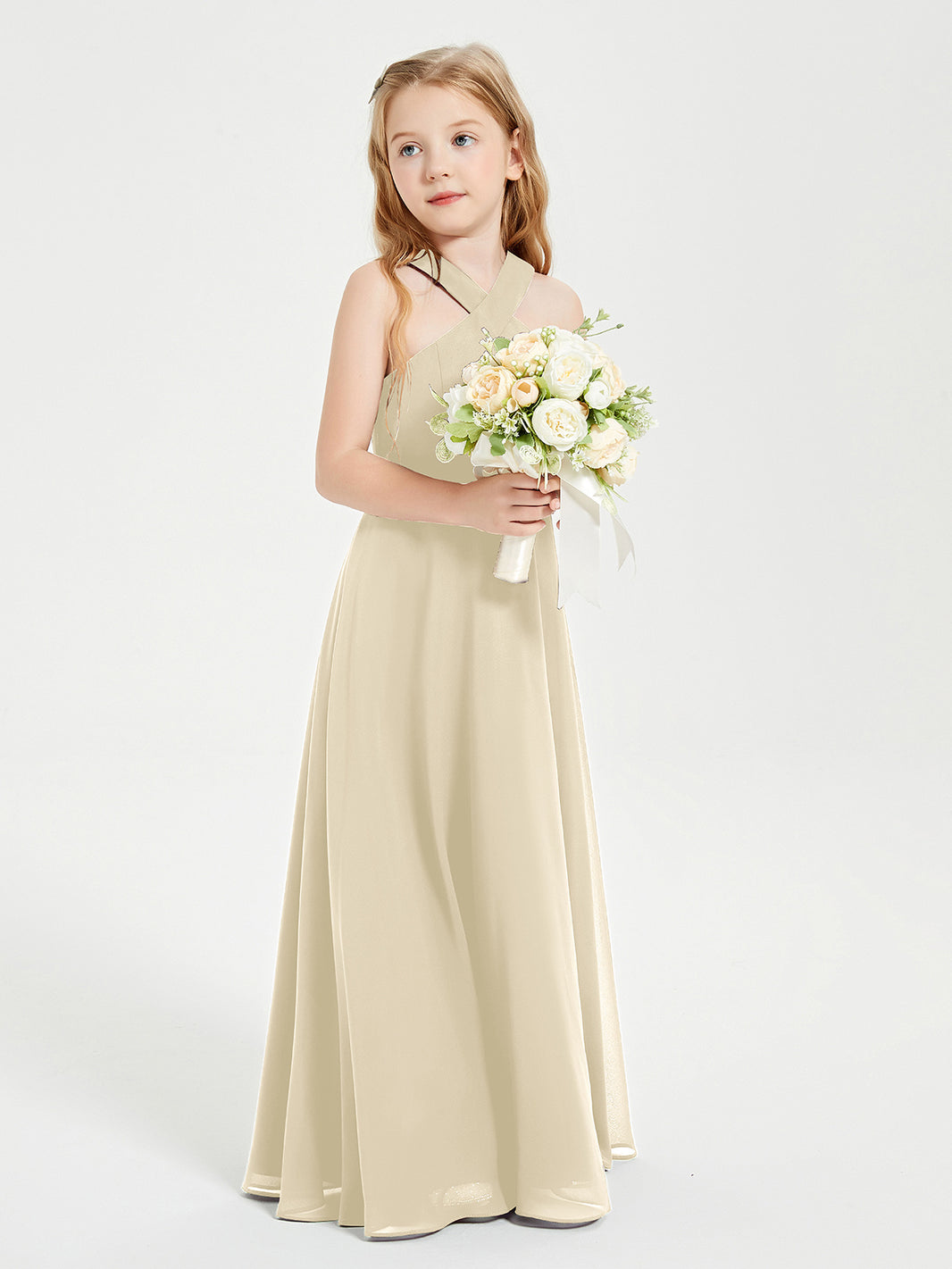 BABARONI Chiffon Champagne Junior Bridesmaid Dresses A-line Grecian  Floor-length Sleeveless – BABARONI UK