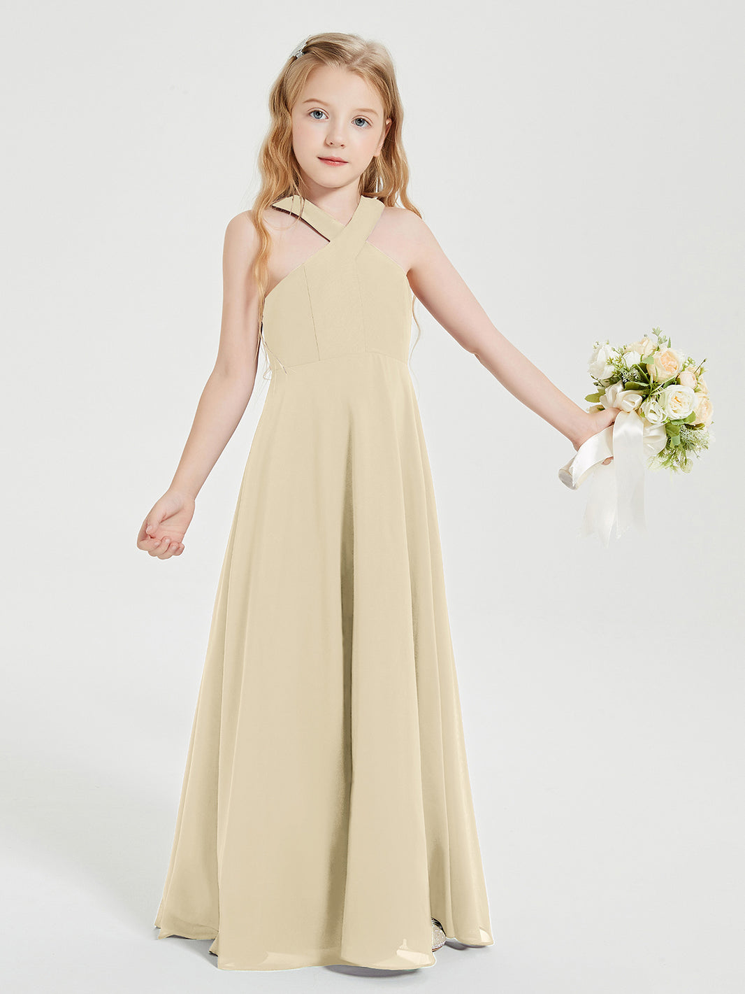 Grecian Neckline Long Dresses for Junior Bridesmaids Champagne - Champagne  / J4