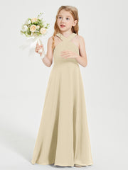 Grecian Neckline Long Dresses for Junior Bridesmaids Champagne