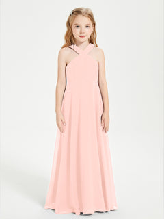 Grecian Neckline Long Dresses for Junior Bridesmaids Coral