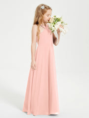 Grecian Neckline Long Dresses for Junior Bridesmaids Coral
