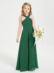 Grecian Neckline Long Dresses for Junior Bridesmaids Dark Green