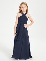 Grecian Neckline Long Dresses for Junior Bridesmaids Dark Navy