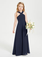 Grecian Neckline Long Dresses for Junior Bridesmaids Dark Navy