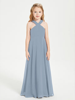 Grecian Neckline Long Dresses for Junior Bridesmaids Dusty Blue