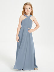 Grecian Neckline Long Dresses for Junior Bridesmaids Dusty Blue