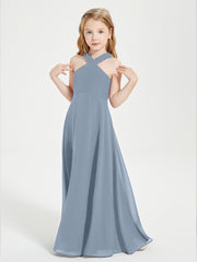 Grecian Neckline Long Dresses for Junior Bridesmaids Dusty Blue