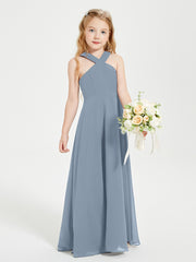 Grecian Neckline Long Dresses for Junior Bridesmaids Dusty Blue