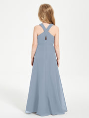 Grecian Neckline Long Dresses for Junior Bridesmaids Dusty Blue