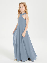 Grecian Neckline Long Dresses for Junior Bridesmaids Dusty Blue