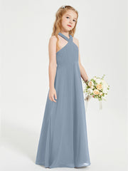 Grecian Neckline Long Dresses for Junior Bridesmaids Dusty Blue