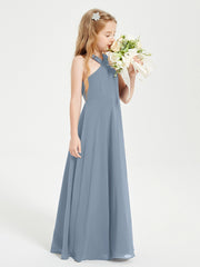 Grecian Neckline Long Dresses for Junior Bridesmaids Dusty Blue