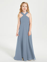 Grecian Neckline Long Dresses for Junior Bridesmaids Dusty Blue
